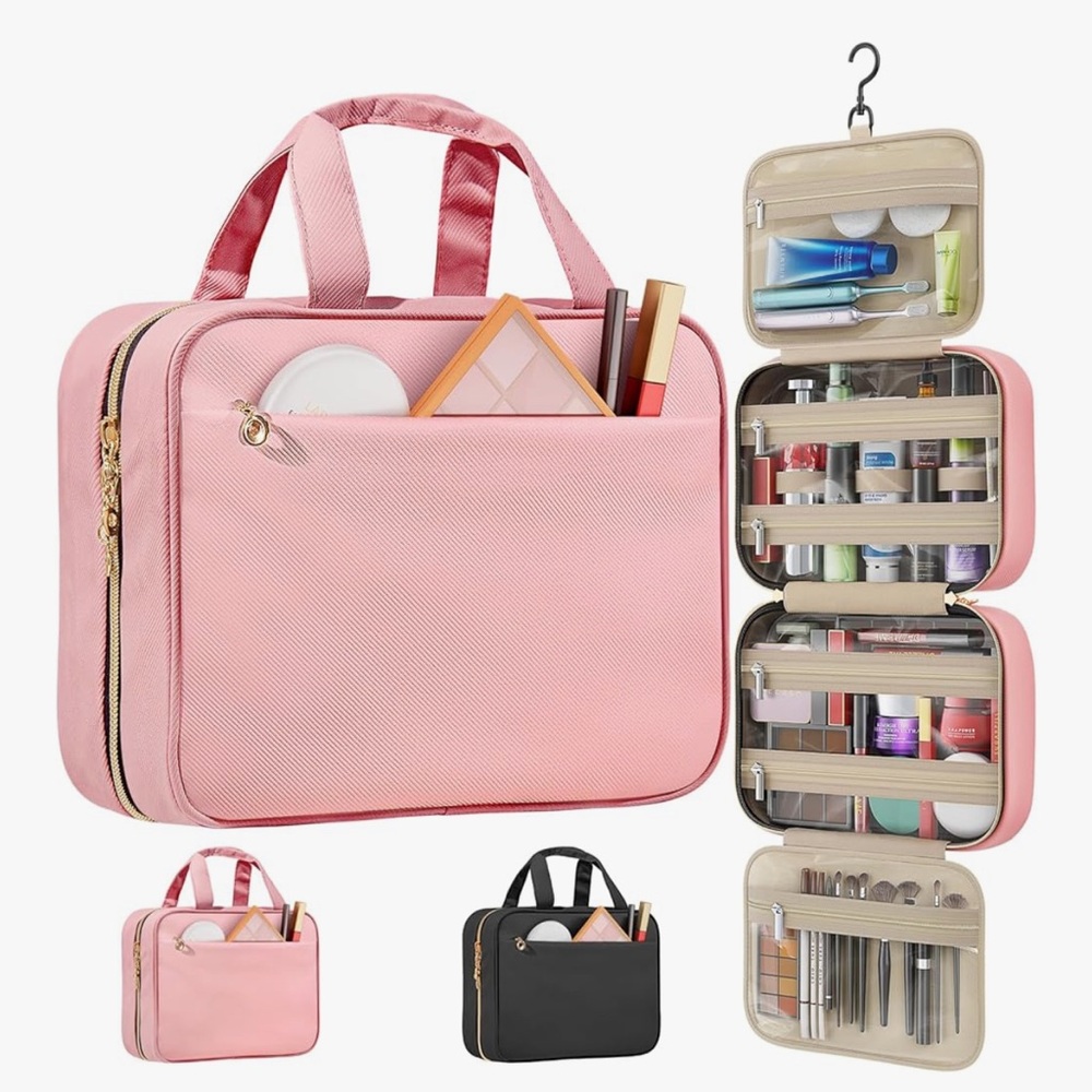 Travel Toiletry Bags, Portable Travel Bag with Hanging Hook (Pink, Small)